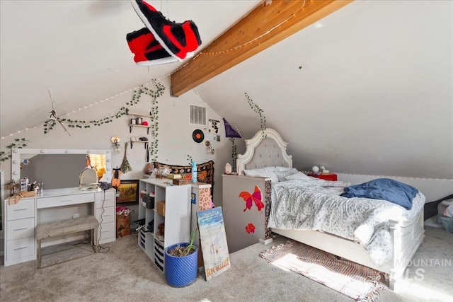 bedroom with visible vents, carpet, and vaulted ceiling with beams