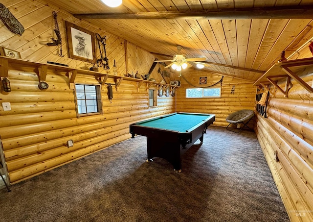1223 Forest Rd, Winchester, ID 83555 - playroom with wood ceiling, carpet, pool table, rustic walls, and plenty of natural light