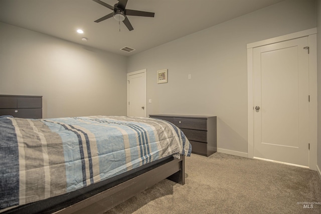 bedroom with light colored carpet and ceiling fan