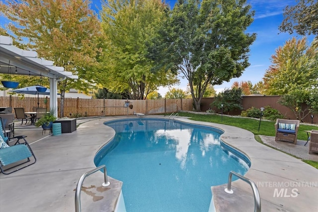 view of pool with a patio, a diving board, and a pergola