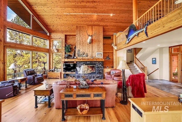 2510 Price Valley Rd, New Meadows, ID 83654 - living area featuring high vaulted ceiling, wood finished floors, stairway, and wood ceiling