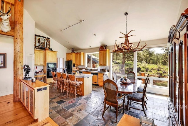 2510 Price Valley Rd, New Meadows, ID 83654 - dining area with rail lighting, healthy amount of natural light, and vaulted ceiling