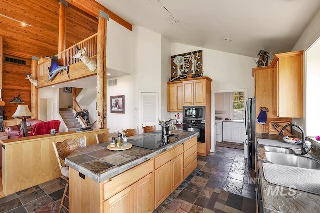 2510 Price Valley Rd, New Meadows, ID 83654 - kitchen with black appliances, washing machine and clothes dryer, high vaulted ceiling, stone tile flooring, and light brown cabinets