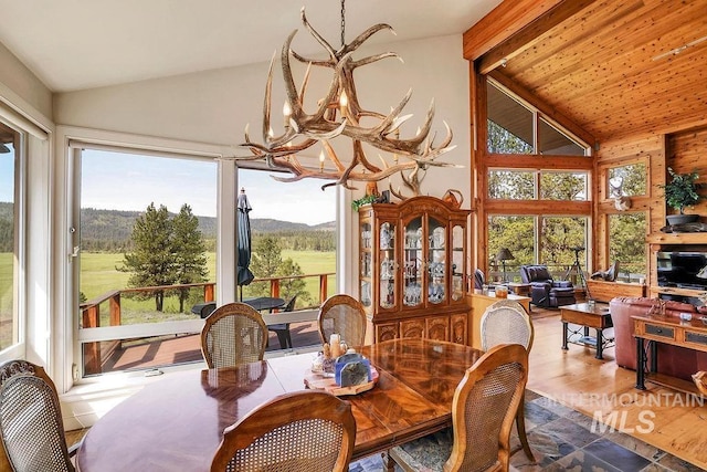 2510 Price Valley Rd, New Meadows, ID 83654 - dining room with healthy amount of natural light, a chandelier, beam ceiling, high vaulted ceiling, and wood finished floors