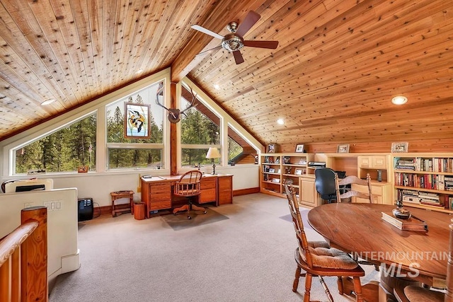2510 Price Valley Rd, New Meadows, ID 83654 - office area featuring carpet, plenty of natural light, a ceiling fan, wood ceiling, and baseboards