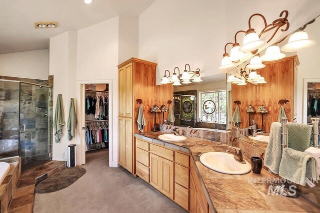 2510 Price Valley Rd, New Meadows, ID 83654 - bathroom featuring double vanity, a stall shower, a spacious closet, a chandelier, and high vaulted ceiling