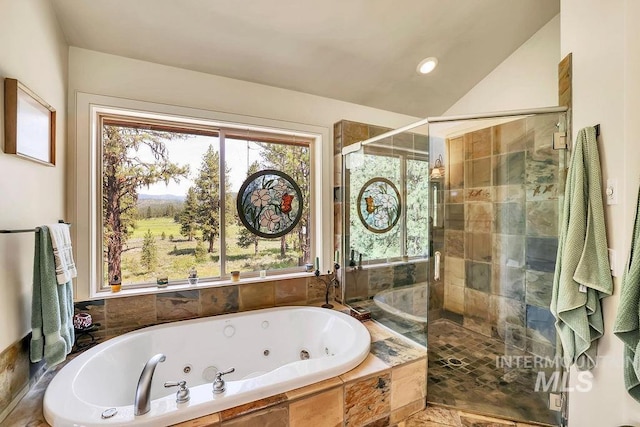 2510 Price Valley Rd, New Meadows, ID 83654 - full bathroom with a shower stall, a whirlpool tub, healthy amount of natural light, and lofted ceiling
