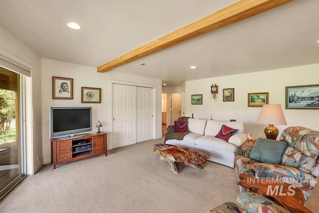 2510 Price Valley Rd, New Meadows, ID 83654 - living area featuring light colored carpet, beam ceiling, and recessed lighting