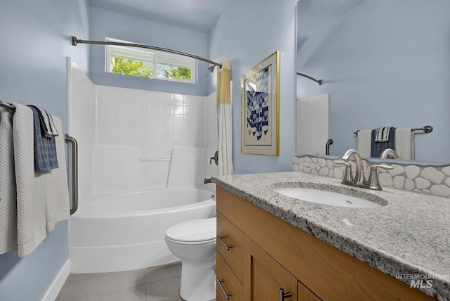 full bathroom with toilet, tile patterned floors, shower / tub combination, and vanity