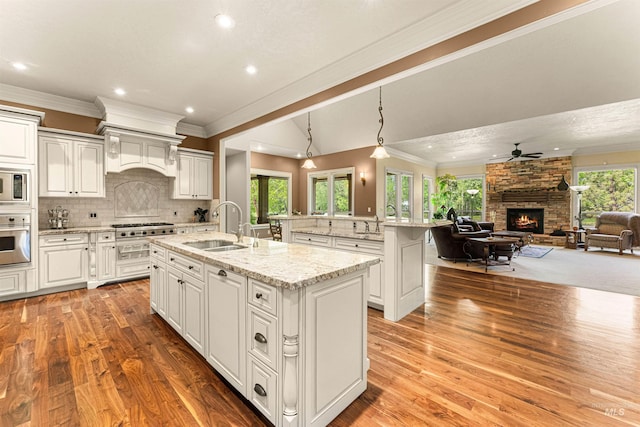 1137 N Cobblestone Way, Eagle, ID 83616 - kitchen featuring a sink, a stone fireplace, stainless steel appliances, a center island with sink, and ornamental molding