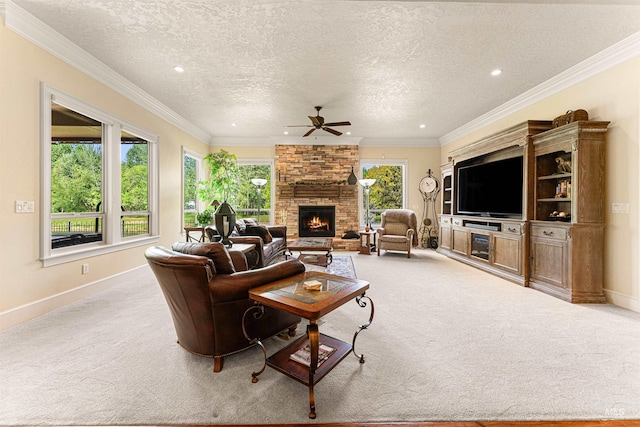 1137 N Cobblestone Way, Eagle, ID 83616 - carpeted living area with a fireplace, a ceiling fan, a textured ceiling, recessed lighting, and baseboards