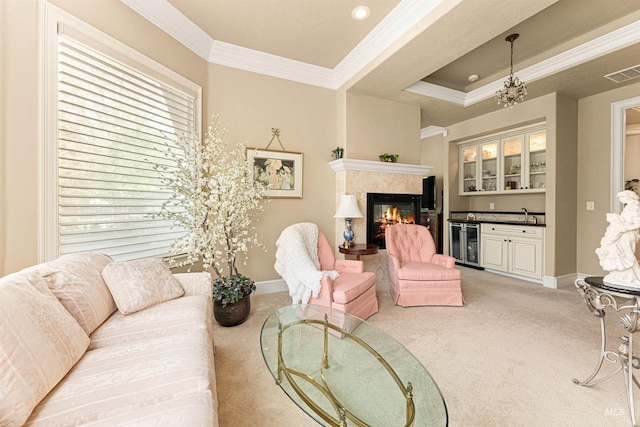 1137 N Cobblestone Way, Eagle, ID 83616 - carpeted living room featuring wine cooler, crown molding, baseboards, a premium fireplace, and bar