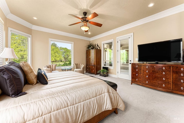 1137 N Cobblestone Way, Eagle, ID 83616 - carpeted bedroom with crown molding, access to exterior, recessed lighting, a ceiling fan, and baseboards