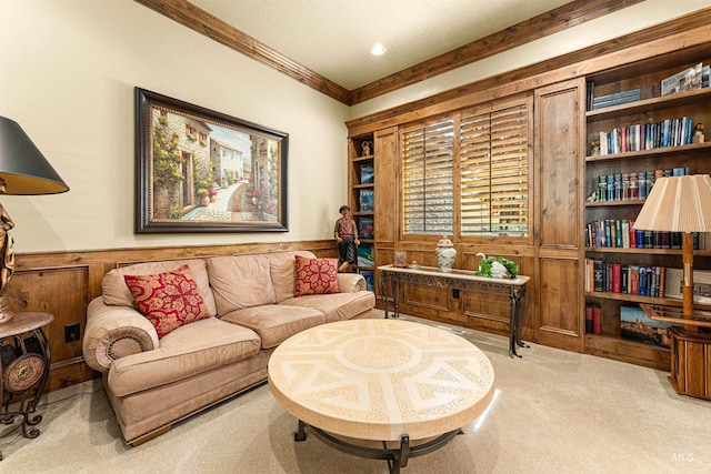 1137 N Cobblestone Way, Eagle, ID 83616 - sitting room with carpet floors, wainscoting, crown molding, and wooden walls