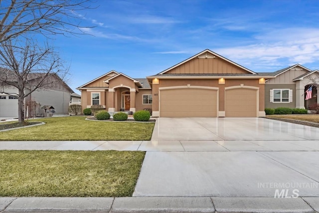 ranch-style home with driveway, stucco siding, a front lawn, a garage, and board and batten siding