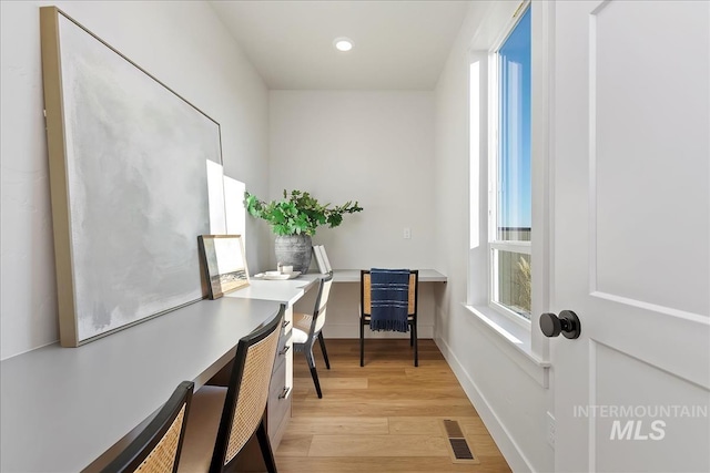 4608 N Alameda Creek Ave, Meridian, ID 83646 - home office featuring recessed lighting, visible vents, light wood-style flooring, and baseboards