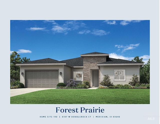 prairie-style house featuring a garage and a front yard