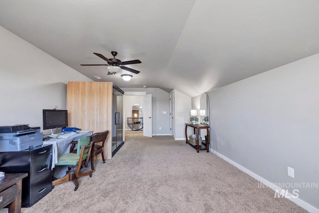 633 Reese Rd, Twin Falls, ID 83301 - home office featuring lofted ceiling, a ceiling fan, and light carpet