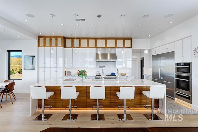 kitchen featuring white cabinetry, a spacious island, pendant lighting, exhaust hood, and appliances with stainless steel finishes