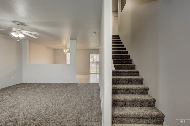 stairs with ceiling fan and carpet floors