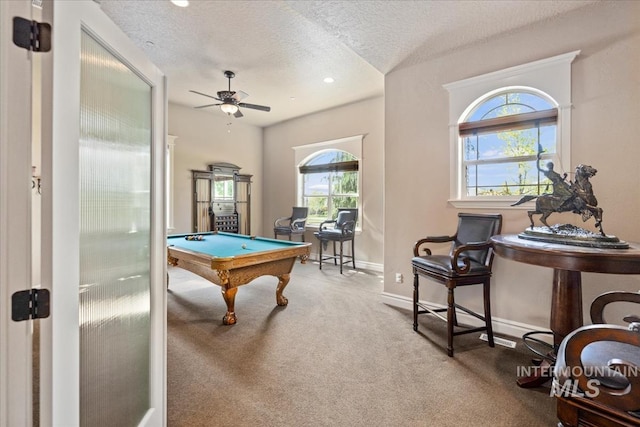 7406 Wild Horse Way, Nampa, ID 83686 - recreation room featuring carpet floors, baseboards, a textured ceiling, pool table, and a ceiling fan