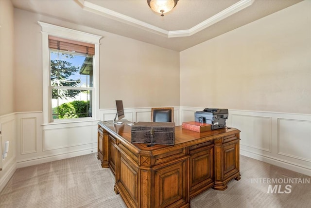 7406 Wild Horse Way, Nampa, ID 83686 - office with ornamental molding, a raised ceiling, a decorative wall, and a wainscoted wall