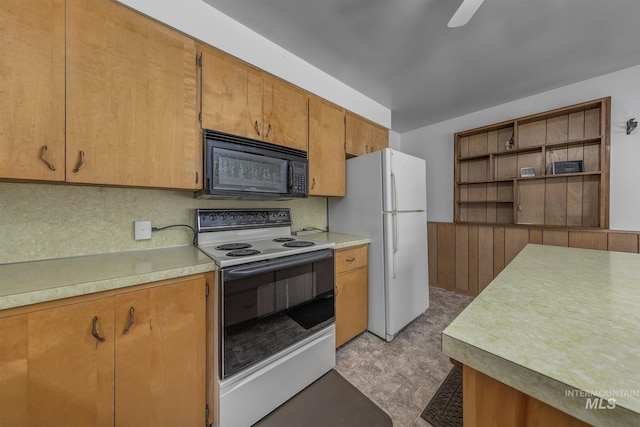 1040 N Pennsylvania Ave, Fruitland, ID 83619 - kitchen with white appliances, open shelves, light countertops, decorative backsplash, and brown cabinetry