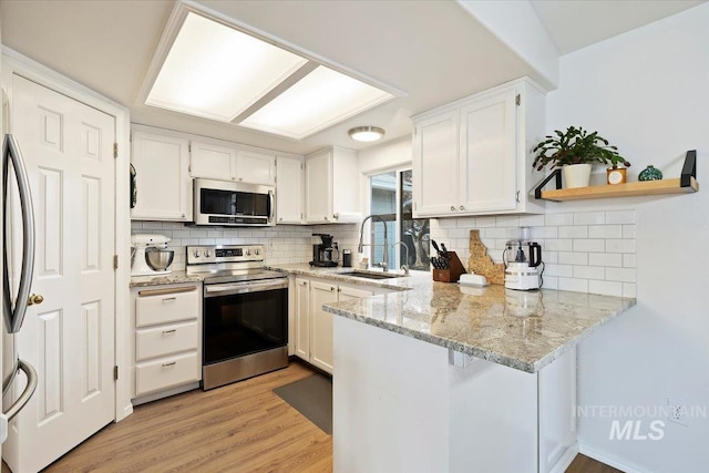 kitchen featuring a peninsula, a sink, light wood-style floors, appliances with stainless steel finishes, and white cabinetry