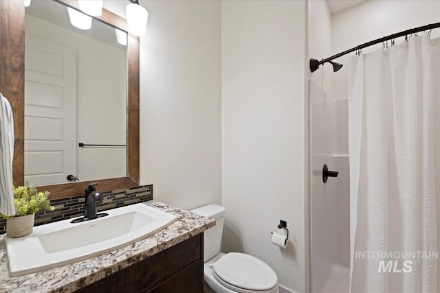 3671 S Pheasant Tail Way, Boise, ID 83716 - bathroom featuring decorative backsplash, toilet, vanity, and a shower with shower curtain