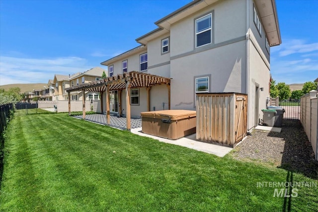 3671 S Pheasant Tail Way, Boise, ID 83716 - back of house with a hot tub, a pergola, a patio, stucco siding, and a residential view