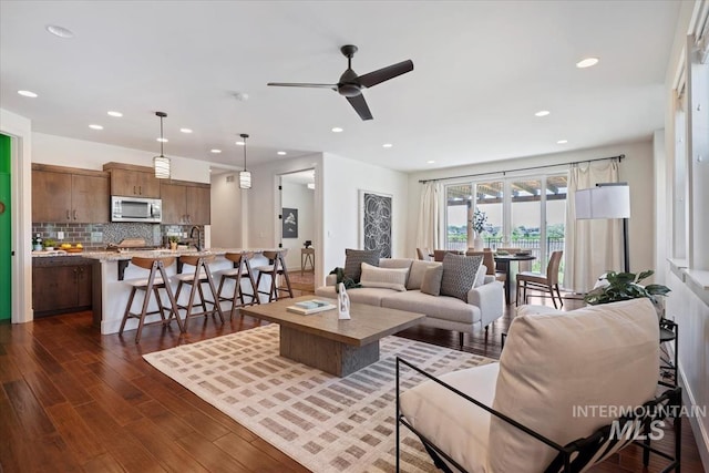 3671 S Pheasant Tail Way, Boise, ID 83716 - living area with recessed lighting, a ceiling fan, and dark wood finished floors