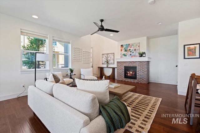 3671 S Pheasant Tail Way, Boise, ID 83716 - living room with ceiling fan, a fireplace, wood finished floors, baseboards, and recessed lighting