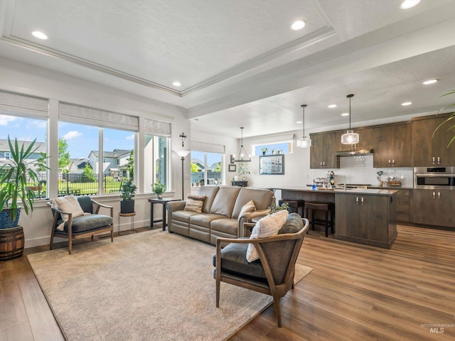 10366 Loneleaf Dr, Nampa, ID 83687 - living area with wood finished floors, a tray ceiling, recessed lighting, baseboards, and a chandelier