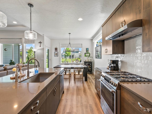 10366 Loneleaf Dr, Nampa, ID 83687 - kitchen with appliances with stainless steel finishes, a sink, under cabinet range hood, light wood finished floors, and decorative backsplash