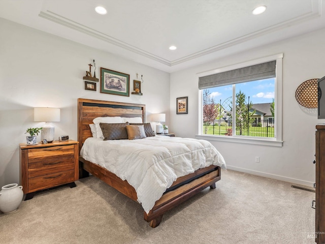 10366 Loneleaf Dr, Nampa, ID 83687 - bedroom featuring a raised ceiling, light carpet, recessed lighting, baseboards, and crown molding