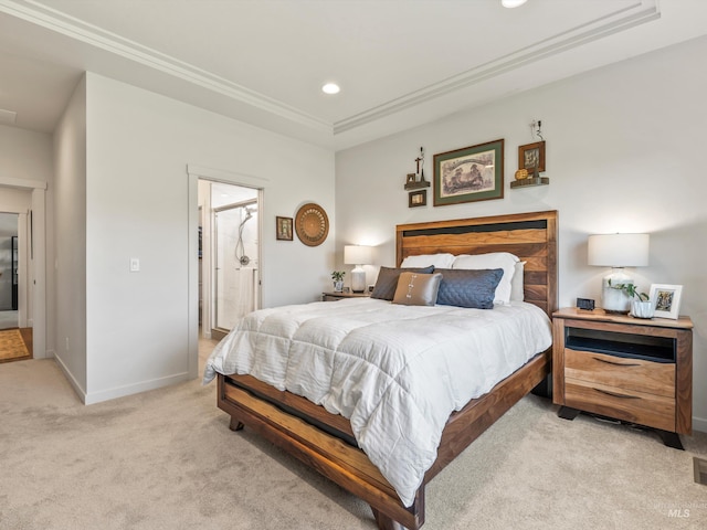 10366 Loneleaf Dr, Nampa, ID 83687 - bedroom with light colored carpet, baseboards, recessed lighting, a tray ceiling, and connected bathroom