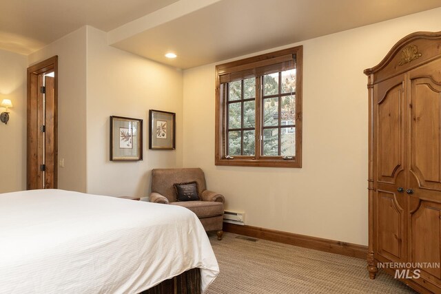 221 Picabo Street #F, Interest 3-D, Ketchum, ID 83340 - carpeted bedroom with baseboard heating, baseboards, and recessed lighting