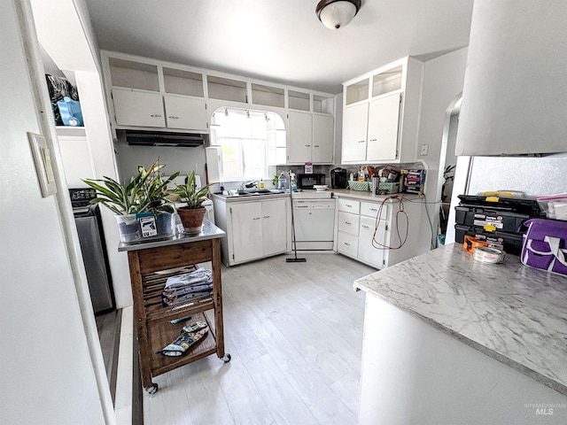 357 Filer Ave, Twin Falls, ID 83301 - kitchen featuring white dishwasher, light wood-style floors, white cabinetry, and under cabinet range hood