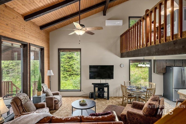 108 Panorama Dr, Cascade, ID 83611 - carpeted living room with wood ceiling with exposed beams, high vaulted ceiling, a ceiling fan, wood walls, and an AC wall unit