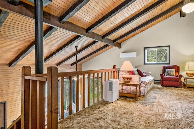 108 Panorama Dr, Cascade, ID 83611 - sitting room with wooden ceiling, an AC wall unit, carpet floors, and baseboard heating