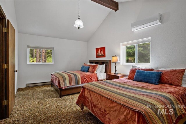 108 Panorama Dr, Cascade, ID 83611 - bedroom featuring a baseboard radiator, a wall mounted air conditioner, beam ceiling, high vaulted ceiling, and carpet flooring