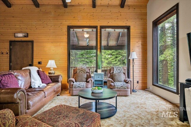108 Panorama Dr, Cascade, ID 83611 - living room featuring wooden walls, beam ceiling, and plenty of natural light