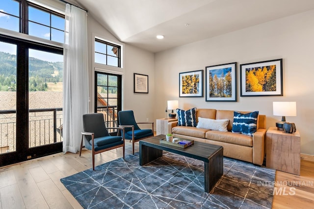 living room with dark hardwood / wood-style flooring, a mountain view, and vaulted ceiling