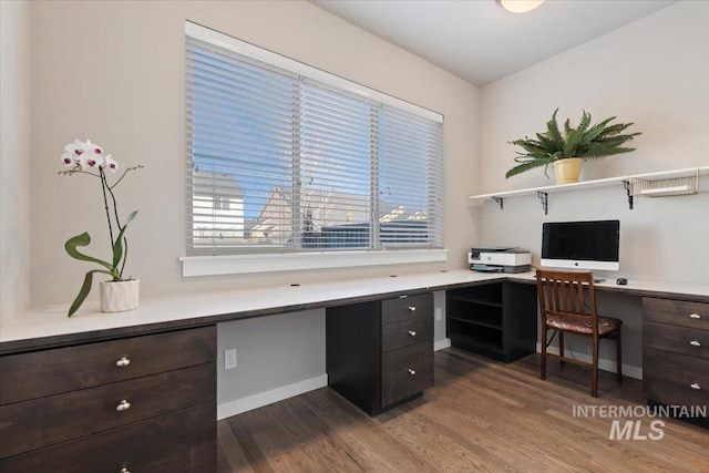 office space with hardwood / wood-style floors and built in desk