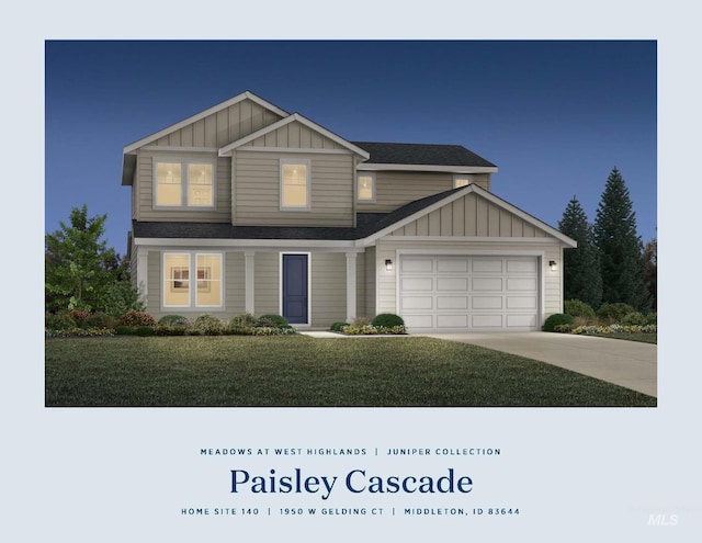 1950 W Gelding Ct, Middleton, ID 83644 - view of front of house with board and batten siding, driveway, a garage, a front yard, and roof with shingles