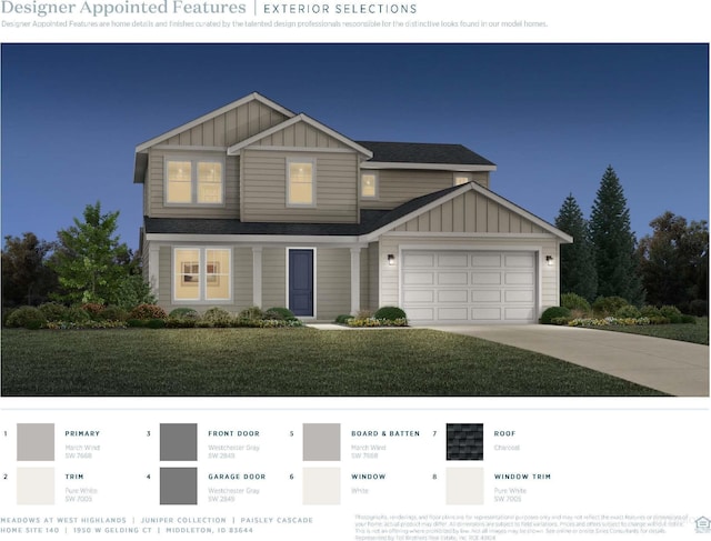 1950 W Gelding Ct, Middleton, ID 83644 - view of front of property with board and batten siding, concrete driveway, an attached garage, and a front lawn