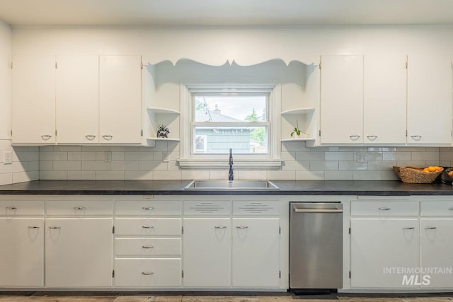 3102 N Sycamore Dr, Boise, ID 83703 - kitchen featuring open shelves, a sink, and dark countertops