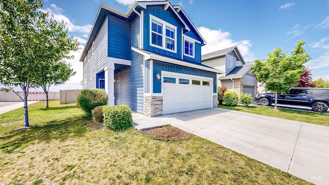 161 S Baraya Way, Meridian, ID 83642 - view of front of property with stone siding, a garage, concrete driveway, and board and batten siding