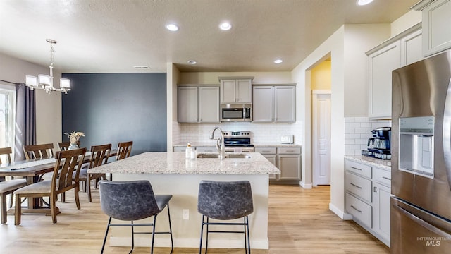 161 S Baraya Way, Meridian, ID 83642 - kitchen with appliances with stainless steel finishes, a sink, gray cabinets, light wood finished floors, and recessed lighting
