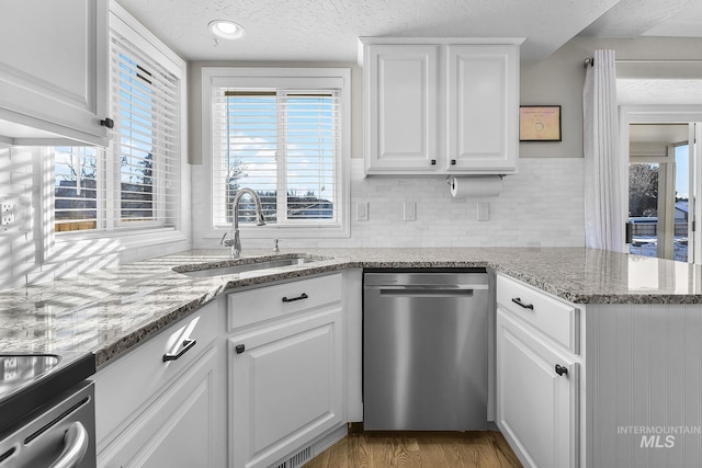 kitchen featuring sink, kitchen peninsula, white cabinets, and dishwasher